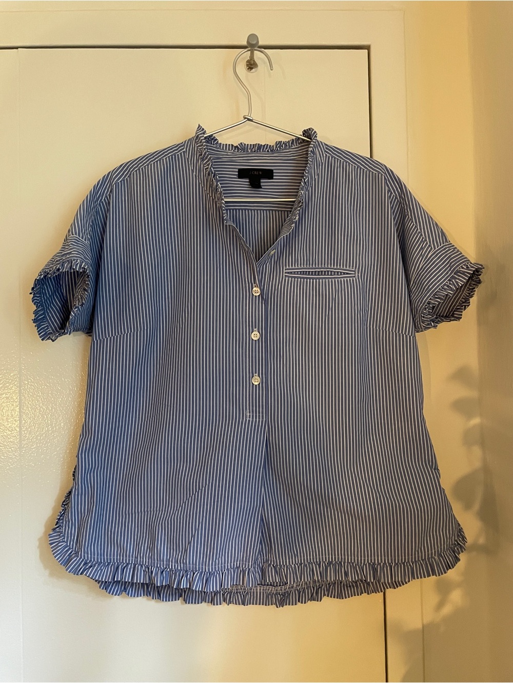 Striped Ruffle-Trim Short Sleeve J Crew Popover - Blue/White